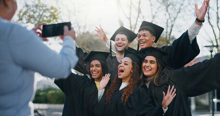 Friends, graduation or celebrate on campus for photography, fun or happy for achievement. Students,...