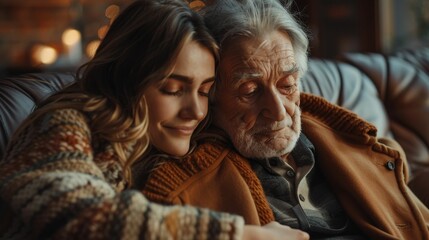 Obraz premium A tender moment between a young woman and an elderly man, showcasing warmth, love, and connection in a cozy environment.