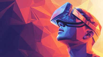 A man wearing VR glasses is exploring a virtual world. This futuristic technology creates immersive experiences, blending the real and digital.low poly vector illustration.