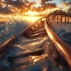 Obraz premium A surreal roller coaster track disappearing into the ocean waves at sunset, creating a mystical and adventurous scene.