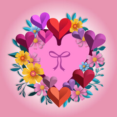 Romantic card design with pink hearts, yellow, pink and light blue flowers, mother's day design, pink bow and green leaves.