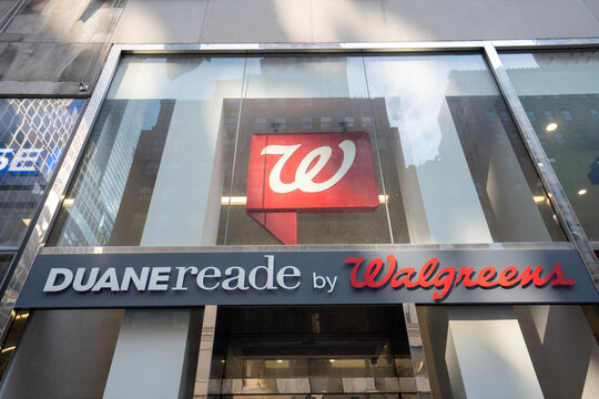 New York, NY, USA - July 9, 2022: Duane Reade by Walgreens sign is seen at the entrance to one of its stores in New York. Duane Reade, Inc. is a chain of pharmacy and convenience stores.