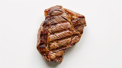 118. Aerial shot of a succulent grilled beef entrecote steak, showing detailed grill marks and a juicy interior. The steak stands out against the white background, highlighting its perfectly cooked