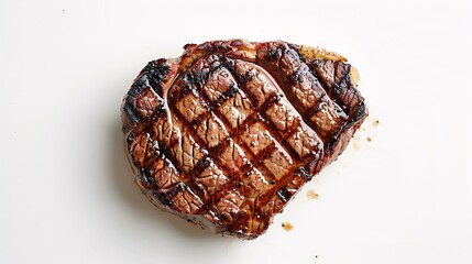 119. Freshly grilled beef entrecote steak from above, displaying distinct grill marks and a juicy, tender look. The white background enhances the steak rich colors and textures, making it the focal
