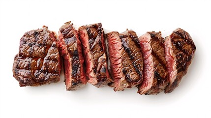 121. A top-down perspective of a freshly grilled beef entrecote steak, showcasing perfect grill marks and juicy, tender meat. The white background isolates the steak, emphasizing its rich color and