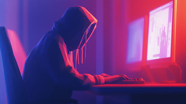 A mysterious figure, hidden in a hoodie, sits at a computer. This 3D image shows the danger of cyberattacks and the threat of hackers stealing data.low poly vector illustration.