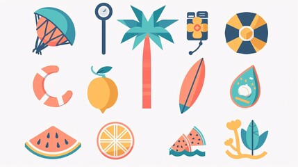 129. Minimalist geometric summer icons set featuring holiday beach elements. Includes a boat, surfboard, watermelon, lemon, seashell, photo camera, and palm tree, all in vibrant colors on a clean