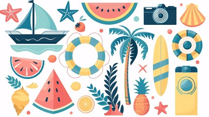 132. Collection of geometric summer icons for tropical vacation, including a boat, surfboard, watermelon, lemon, seashell, photo camera, and palm tree. The minimalist vector illustrations are