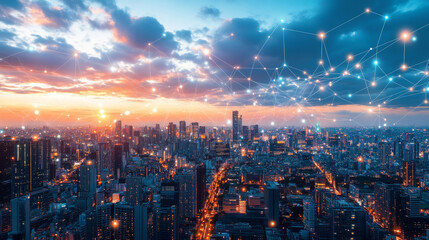 Fototapeta premium A modern city using technology to improve. Bright lights shine over the city at night. Fast 5G internet and fiber optic cables connect everything.