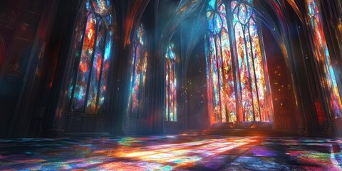 Surreal cathedral broken stained glass bending light 