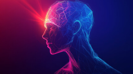 A person with a broken head, represented by lines and angles, is shown thinking. This image is meant to represent the idea of thinking and problem-solving.low poly vector illustration.