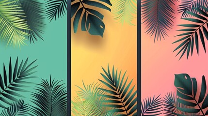 Obraz premium 139. Vector illustration of summer backgrounds with tropical palm leaves, designed in a modern abstract style. The covers set includes minimal, trendy designs, ideal for jungle and beach themed