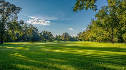 A serene landscape of a lush green golf course under a clear blue sky, perfect for leisure and outdoor activities.