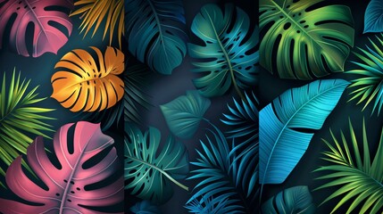 141. Creative summer backgrounds with tropical palm leaves, featuring modern abstract bright covers. The set includes trendy minimal designs with jungle and beach themes, showcasing vibrant colors