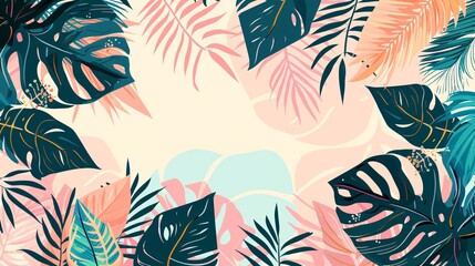 143. Vector illustration of creative summer backgrounds, highlighting tropical palm leaves in a modern abstract style. The bright covers set includes trendy minimal designs with jungle and beach