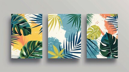 Obraz premium 145. Bright, trendy minimal summer backgrounds with tropical palm leaves, designed in a modern abstract style. The creative covers set includes jungle and beach themes, with vivid colors and stylish
