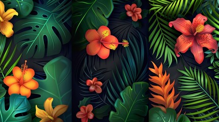 147. Summer tropical background template set featuring vibrant flowers and lush leaves. The vector illustrations are colorful and detailed, perfect for creating a lively and exotic atmosphere