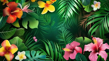 149. Tropical background templates for summer, featuring an array of colorful flowers and lush green leaves. The vector illustrations are vibrant and detailed, creating an exotic and lively backdrop