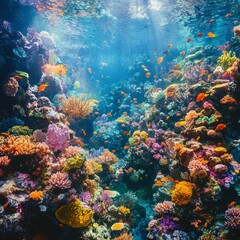 Obraz premium Vibrant Coral Reef with Colorful Fish and Sunlight Underwater