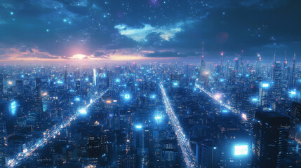 Fototapeta premium A modern city using technology to improve. Bright lights shine over the city at night. Fast 5G internet and fiber optic cables connect everything.