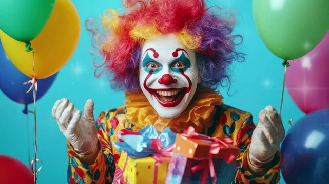 Funny clown with balloons and gifts. Entertainer Joker in colorful suit and wig at the birthday party. Professional actor pantomime, mime with clown whiteface makeup.