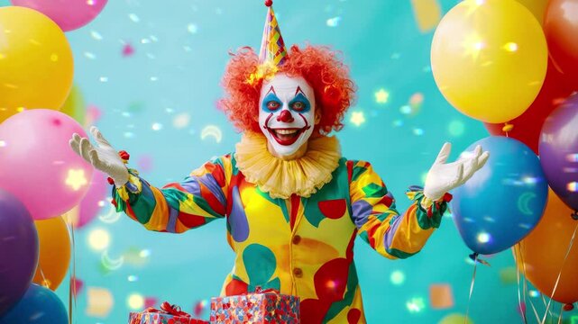 Funny clown with balloons and gifts. Entertainer Joker in colorful suit and wig at the birthday party. Professional actor pantomime, mime with clown whiteface makeup.