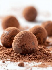 A close-up of rich and velvety chocolate truffles dusted with cocoa powder, showcasing their smooth texture and decadent appearance.