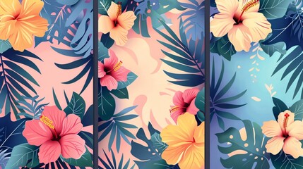 156. Set of tropical backgrounds with hibiscus flowers and leaves, designed on pastel abstract backgrounds. The vector illustrations are ideal for fashion ads, posters, banners, and social media