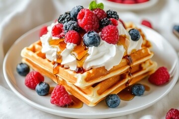 A stack of fluffy waffles topped with a generous swirl of whipped cream, drizzled with syrup, and garnished with fresh berries.