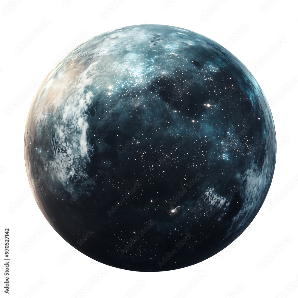Wall mural a planet with a smooth, glass-like surface reflecting the stars, isolated on white background.