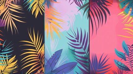 161. Bright and colorful summer backgrounds with tropical palm leaves, themed around travel, vacation, and the beach. The editable vector templates are perfect for creating posters, banners, covers,
