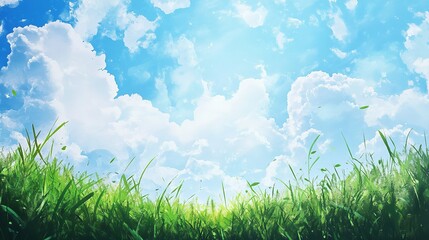 Obraz premium Summer sunny background with blue sky and green meadow. hyper realistic