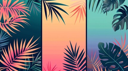 163. Editable vector templates with a vibrant summer theme, showcasing tropical palm leaves and elements of travel, vacation, and the beach. These colorful backgrounds are ideal for posters, banners,