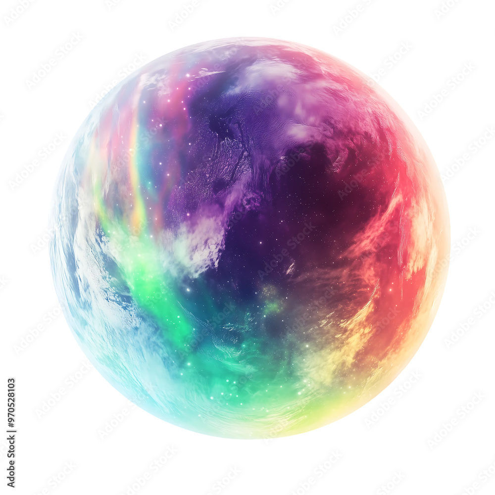 Wall mural a planet with a vibrant aurora borealis dancing across its poles, isolated on white background.