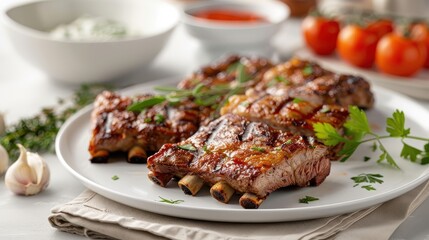 Fresh beef ribs on a white plate with colorful garnishes and herbs, in a bright, modern kitchen, showcasing quality and freshness.