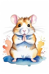 Cute watercolor hamster in prayer pose with colorful splashes