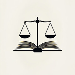 An open law book a courthouse balance, black and white