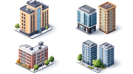 Isometric View of Four Different Modern Buildings with Trees