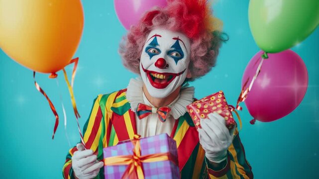 Funny clown with balloons and gifts. Entertainer Joker in colorful suit and wig at the birthday party. Professional actor pantomime