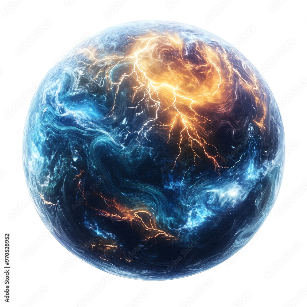 Canvas Prints a planet with swirling storm systems and lightning flashes, isolated on white background.