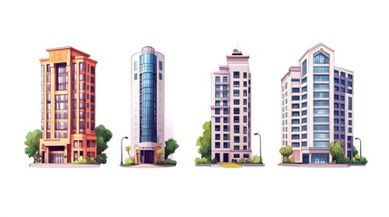 Fototapeta premium Four Modern Architectural Buildings with Green Trees