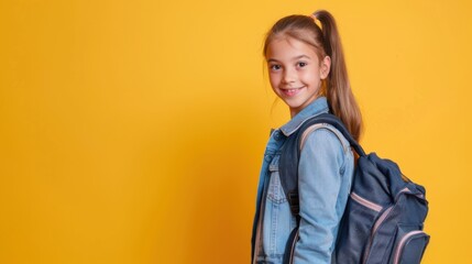 Fototapeta premium Schoolgirl Posing With School Backpack Smiling To Camera Standing Over Yellow Background. Studio Shot