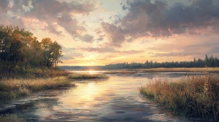 Fototapeta premium A soft, pastel painting of a stream under a cloudy sky, with gentle reflections and muted colors.