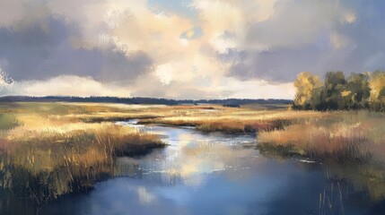 Fototapeta premium A soft, pastel painting of a stream under a cloudy sky, with gentle reflections and muted colors.
