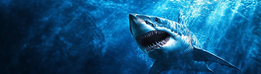 Fototapeta premium Dramatic image of a great white shark swimming in deep blue ocean waters, showcasing its powerful presence and natural beauty.