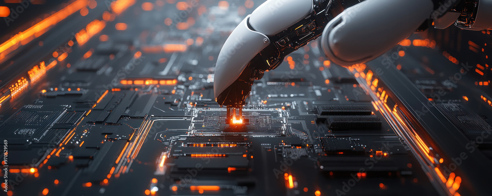 Poster a robot is touching a computer chip. the image has a futuristic and technological feel to it