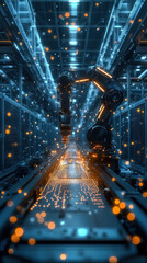 A robot is in a room with a lot of lights and it is surrounded by a lot of glowing lights