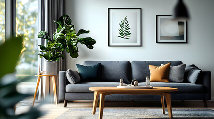 Grey sofa and wooden table in modern interior design with simple accessories. Cozy stylish apartment. 