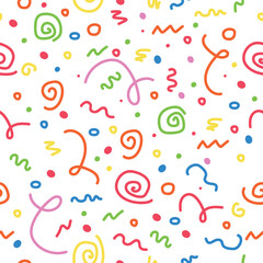 Simple trendy wavy ribbon lines in rainbow palette textile wallpaper print. Colorful line doodle seamless background pattern for kids.