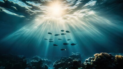 Fototapeta premium serene image of a school of fish gliding effortlessly through a sunlit part of the sea.